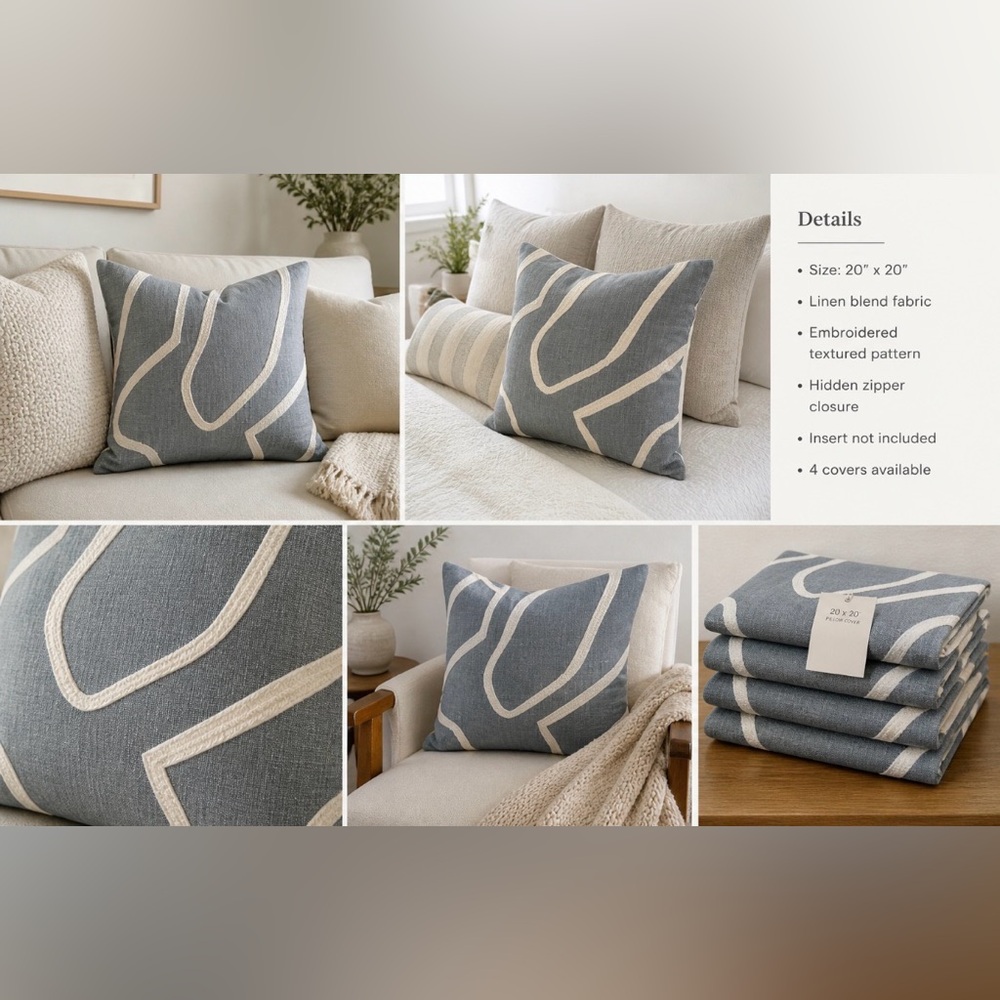 Modern Blue Linen Pillow Cover | Abstract Embroidered Design